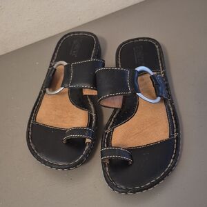 Black Leather Slide Sandals with Silver Ring Detail